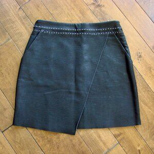 SUNCOO Paris Black Leather Mini Skirt Silver Studs Moto Grunge Size Small